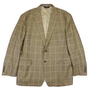 Jos A Bank Blazer Men 48R Tan Silk Linen Wool Windowpane Tailored Fit Sport Coat
